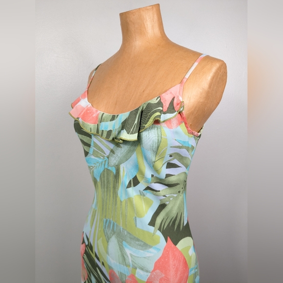 Vintage Jessica Ash Tropical Midi Dress Ruffle Neck Size Small Made in USA - Picture 7 of 15